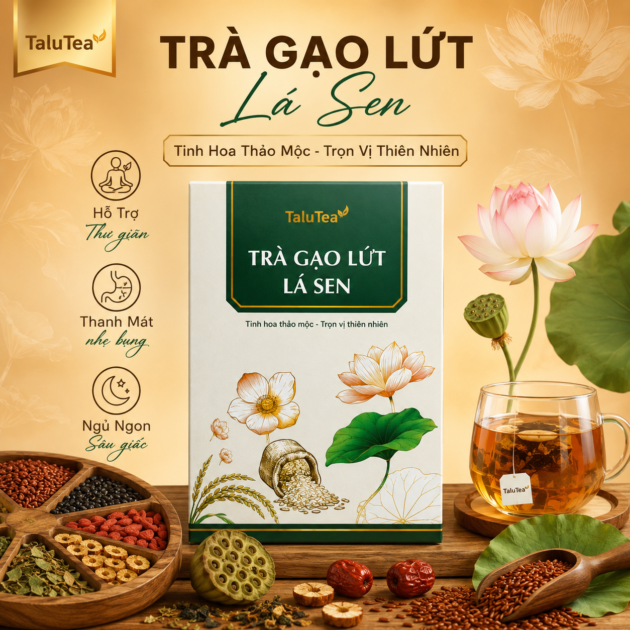 Trà gạo lứt lá sen Talu tea - Hộp 450G (15g x 30 túi)