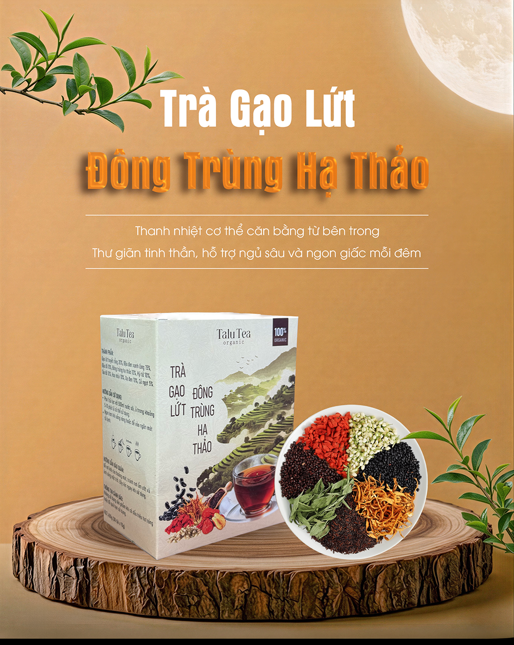 Trà gạo lứt Đông trùng hạ thảo Talu tea - Hộp 450G