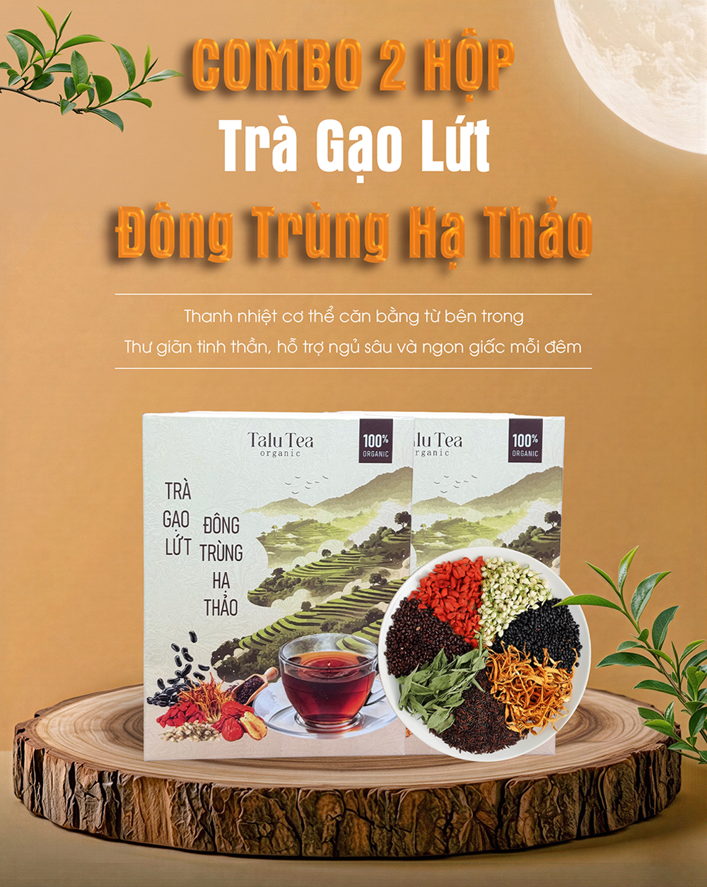 Combo 2 hộp Trà gạo lứt Đông trùng hạ thảo Talu Tea - Hộp 450G