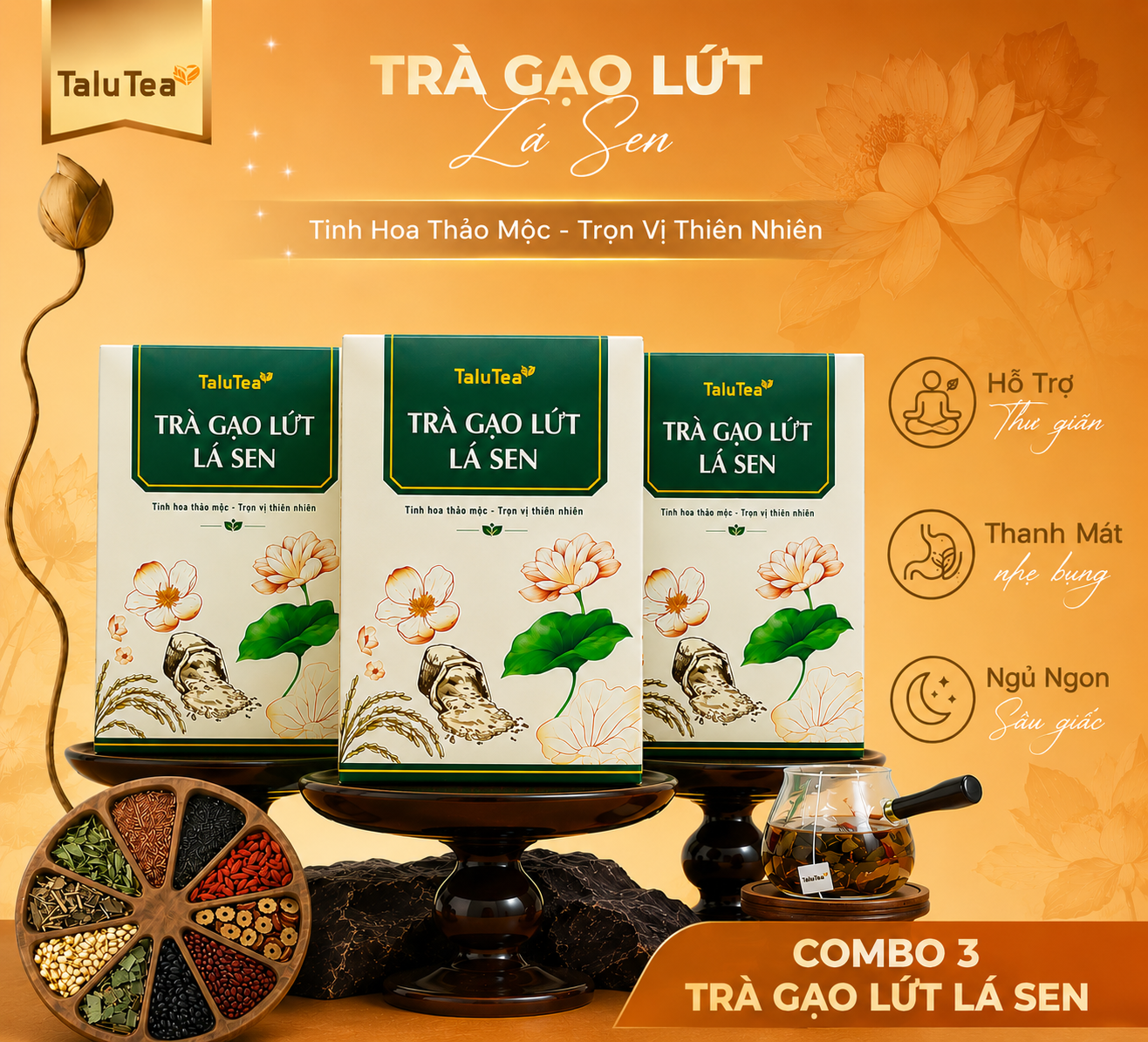 Mua 2 tặng 1 Hộp Full size-  Trà gạo lứt lá sen Talu Tea - Hộp 150G(15g x 10 túi)x3
