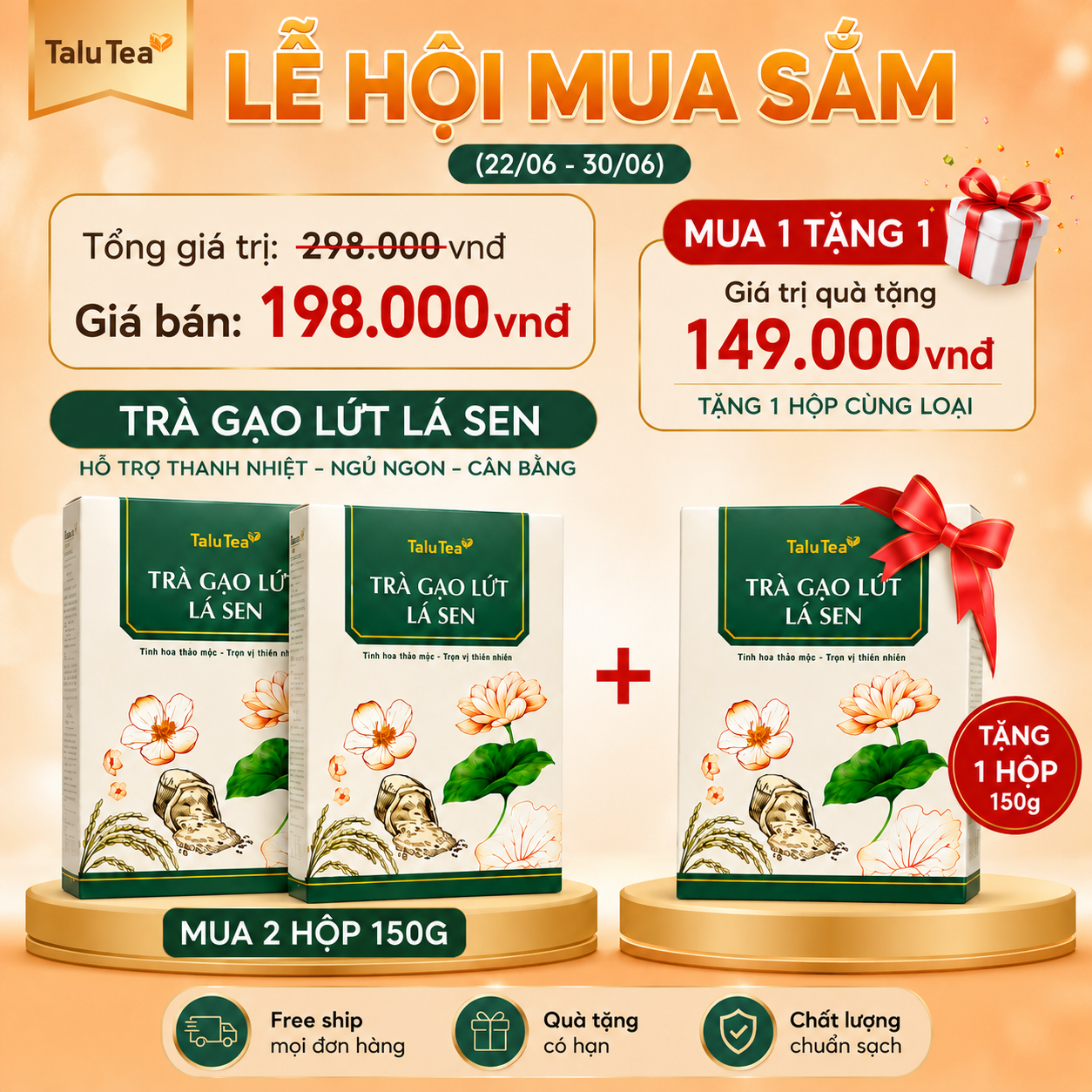 Mua 2 tặng 1 Hộp Full size-  Trà gạo lứt lá sen Talu Tea - Hộp 150G(15g x 10 túi)x3