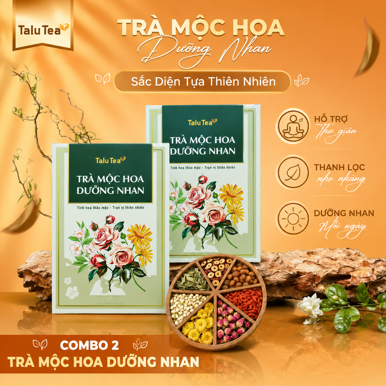 Combo 2 Hộp Trà mộc hoa dưỡng nhan Talu Tea hỗ trợ chăm sóc sắc đẹp từ bên trong - Hộp 120g