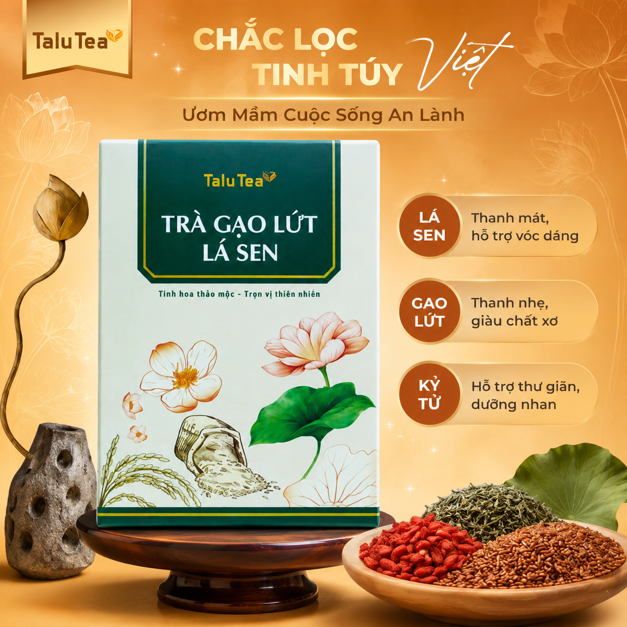 Trà gạo lứt lá sen Talu tea - Hộp 450G (15g x 30 túi)