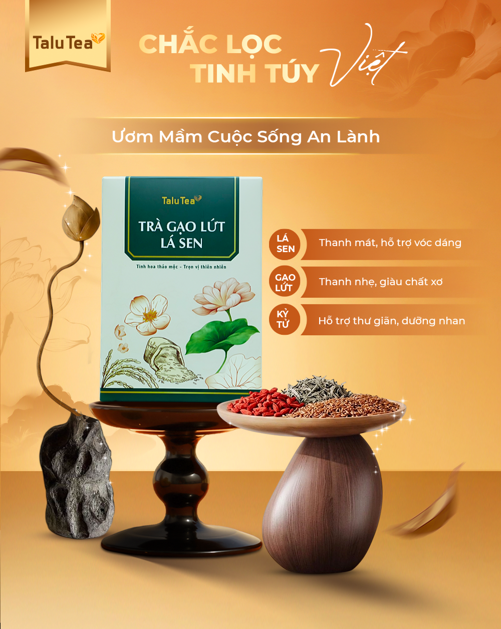 Mua 1 tặng 1 ly 550ml Trà gạo lứt lá sen Talu Tea - Hộp 150G (15g x 10 túi)