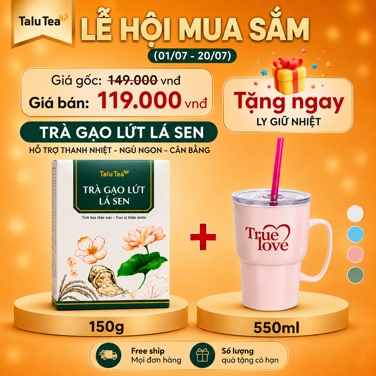 Mua 1 tặng 1 ly 550ml Trà gạo lứt lá sen Talu Tea - Hộp 150G (15g x 10 túi)